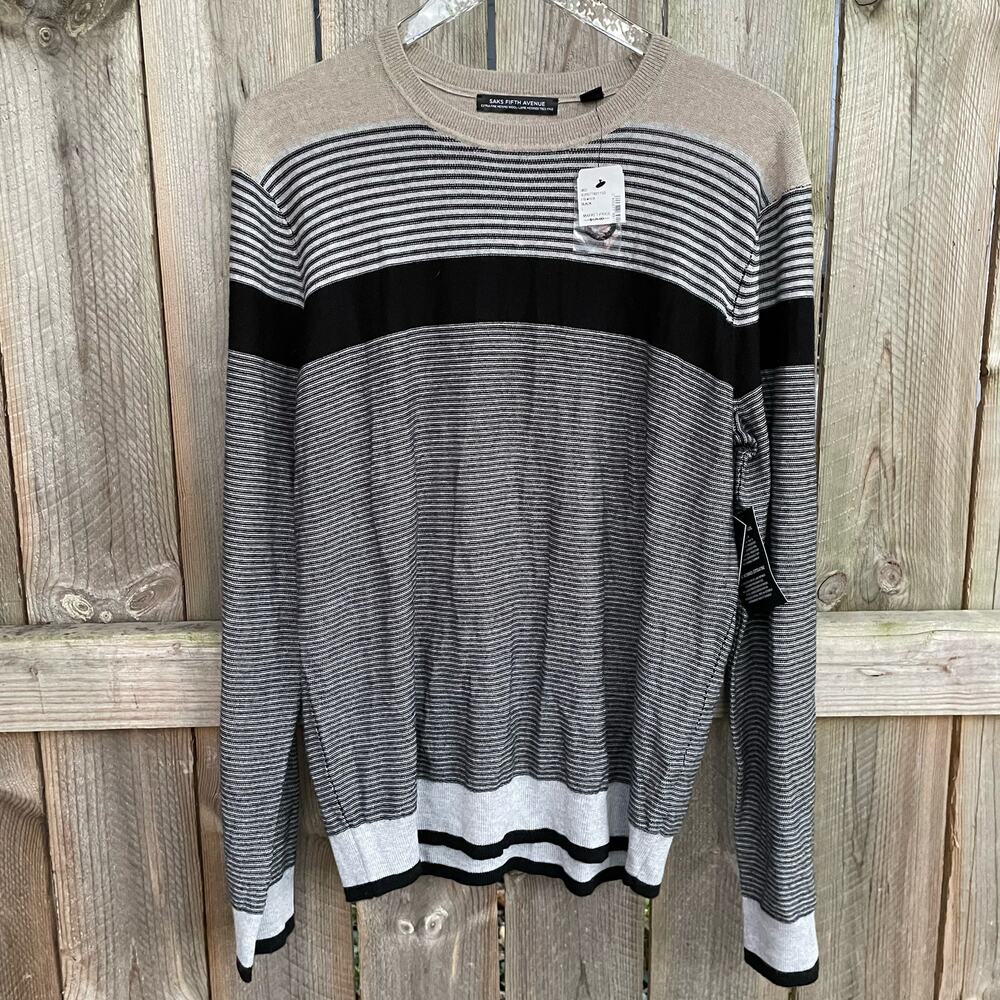 Saks Fifth Avenue Sweater Extra Fine Merino Wool Italy Striped Large NWT Preppy